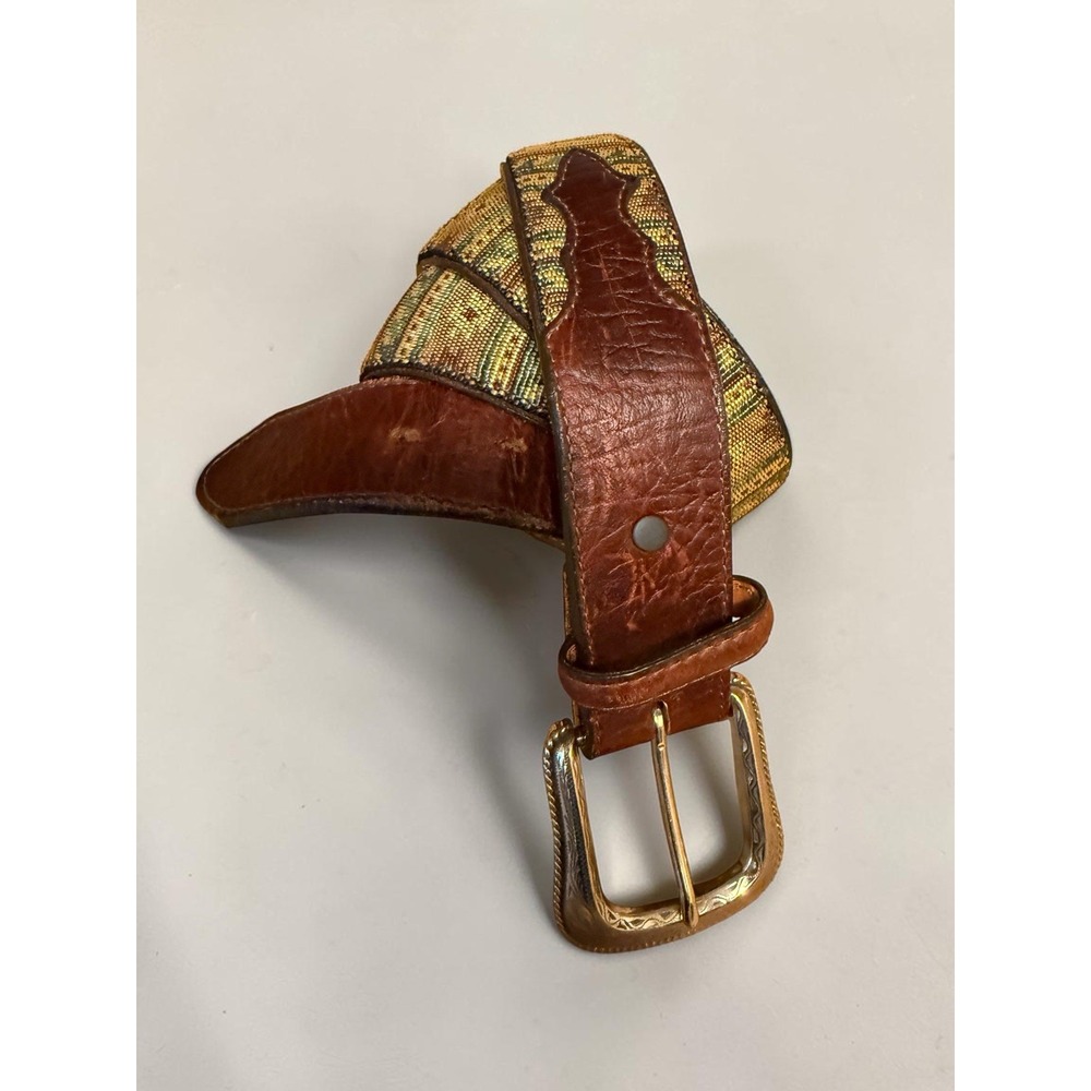 Vintage 1995 Orvis Southwestern Woven Leather Belt Size 42 Engraved Buckle USA